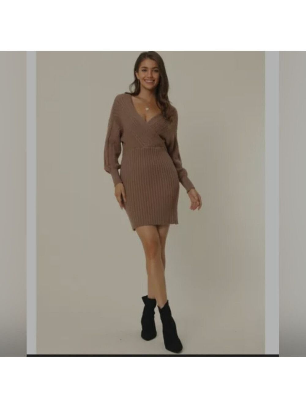 Seta T | Women’s Wrap Deep V-Neck Lantern Sleeve Mini Sweater Dress